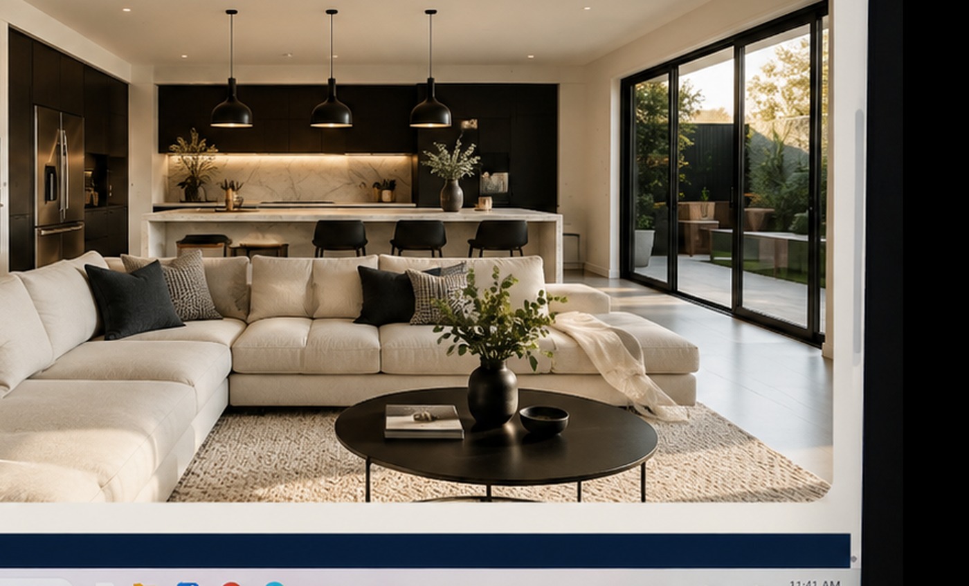 Luxury modern Victorian lounge and kitchen interior